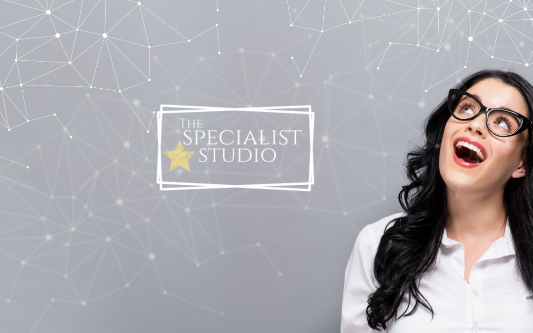 Linked In blog photo showing the specialist studio logo and a professional lady happy to connect with others.