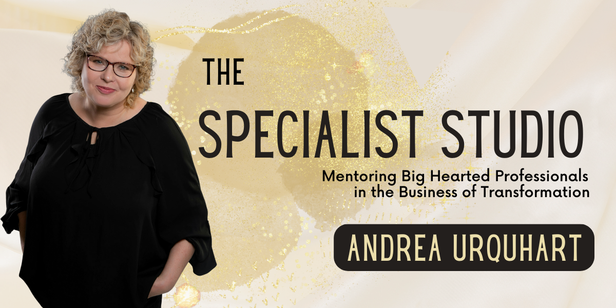 A welcome banner to the specialist studio with an image of Andrea Urquhart a woman wearing a black top and glasses. She is smiling.